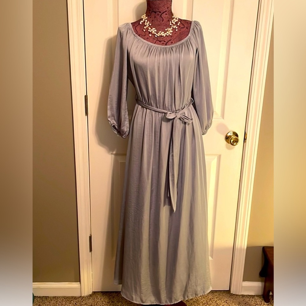 Bardot 3/4 sleeve off shoulder silver gray silky satin maxi dress Size 8